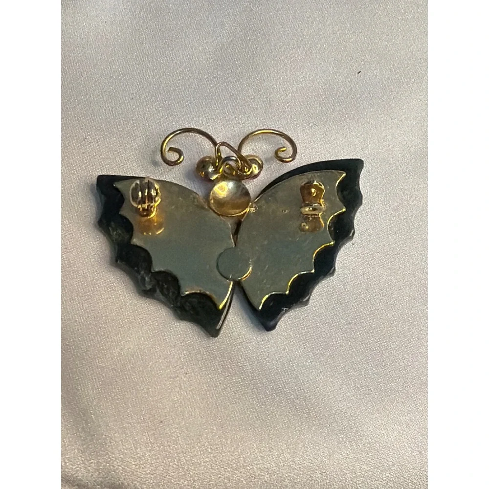 Vintage Black Butterfly Brooch Gold Tone Red Bead Accents Insect Pin Carved Wing